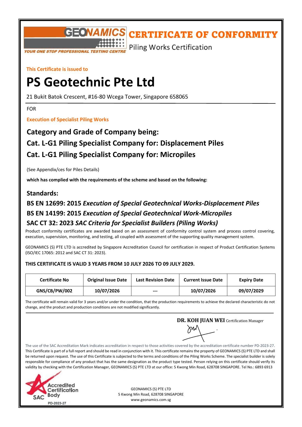 SAC Certificate of Conformity - Piling Works (GNS/CB/PW/002)
